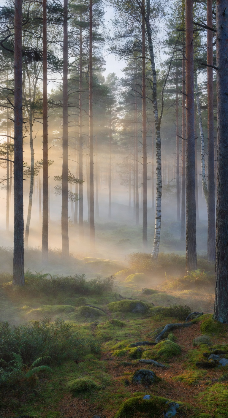 Finnish forest landscape with misty trees and soft golden light representing Nordic elegance