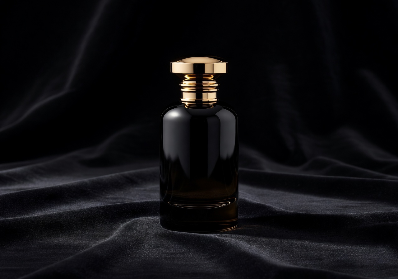Luxury perfume bottle with dark glass and gold accents placed against a black velvet background